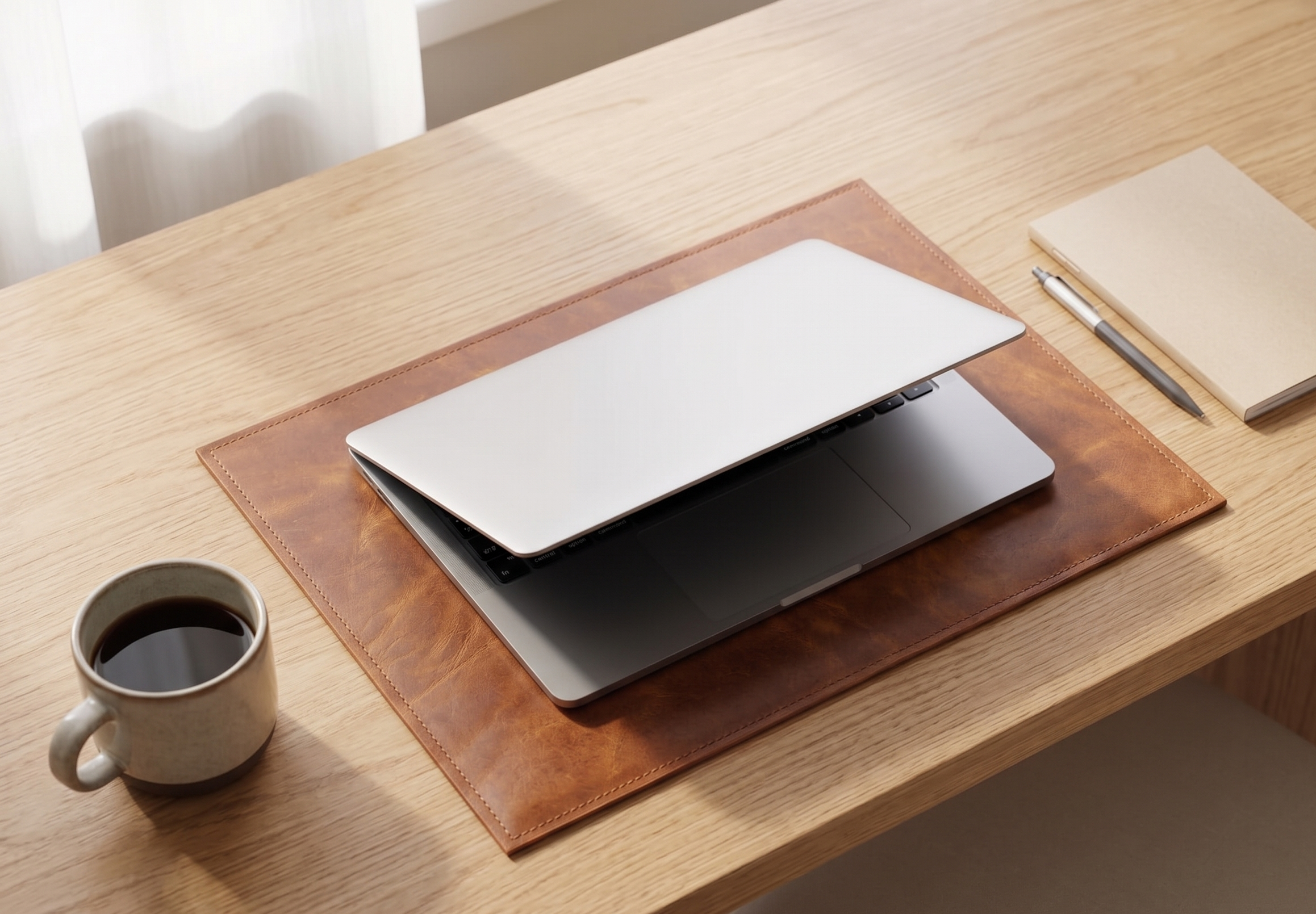 Eclectic style premium leather desk pad in brown for cozy boho office and home decor