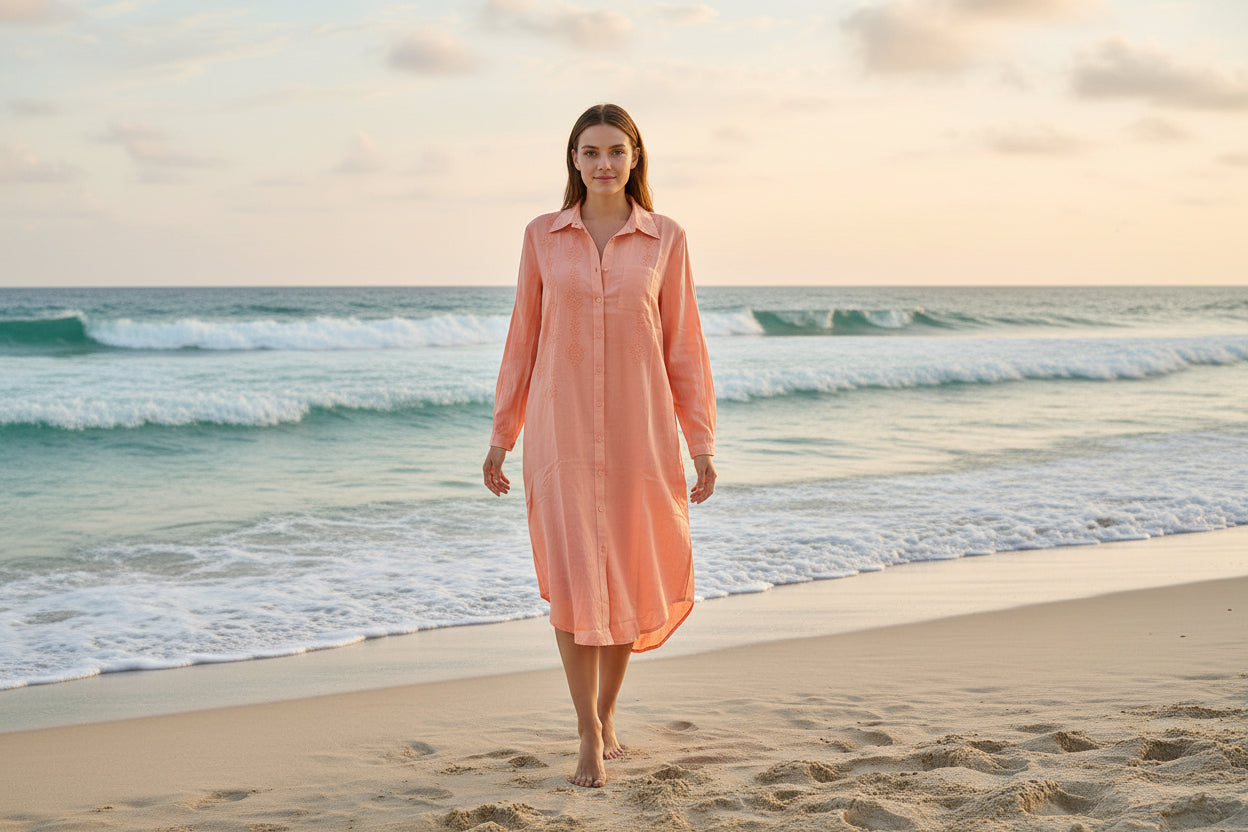 Sunrise peach cotton shirt dress for women, front view with embroidered button-down
