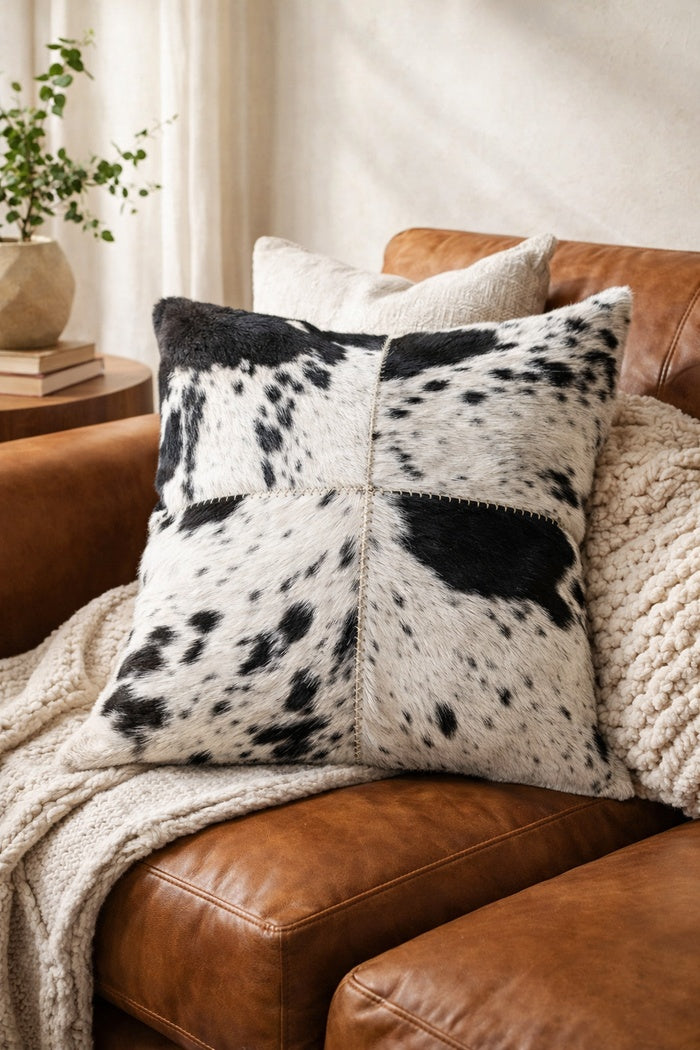 Black and white cowhide cushion cover made from genuine leather for boho home décor