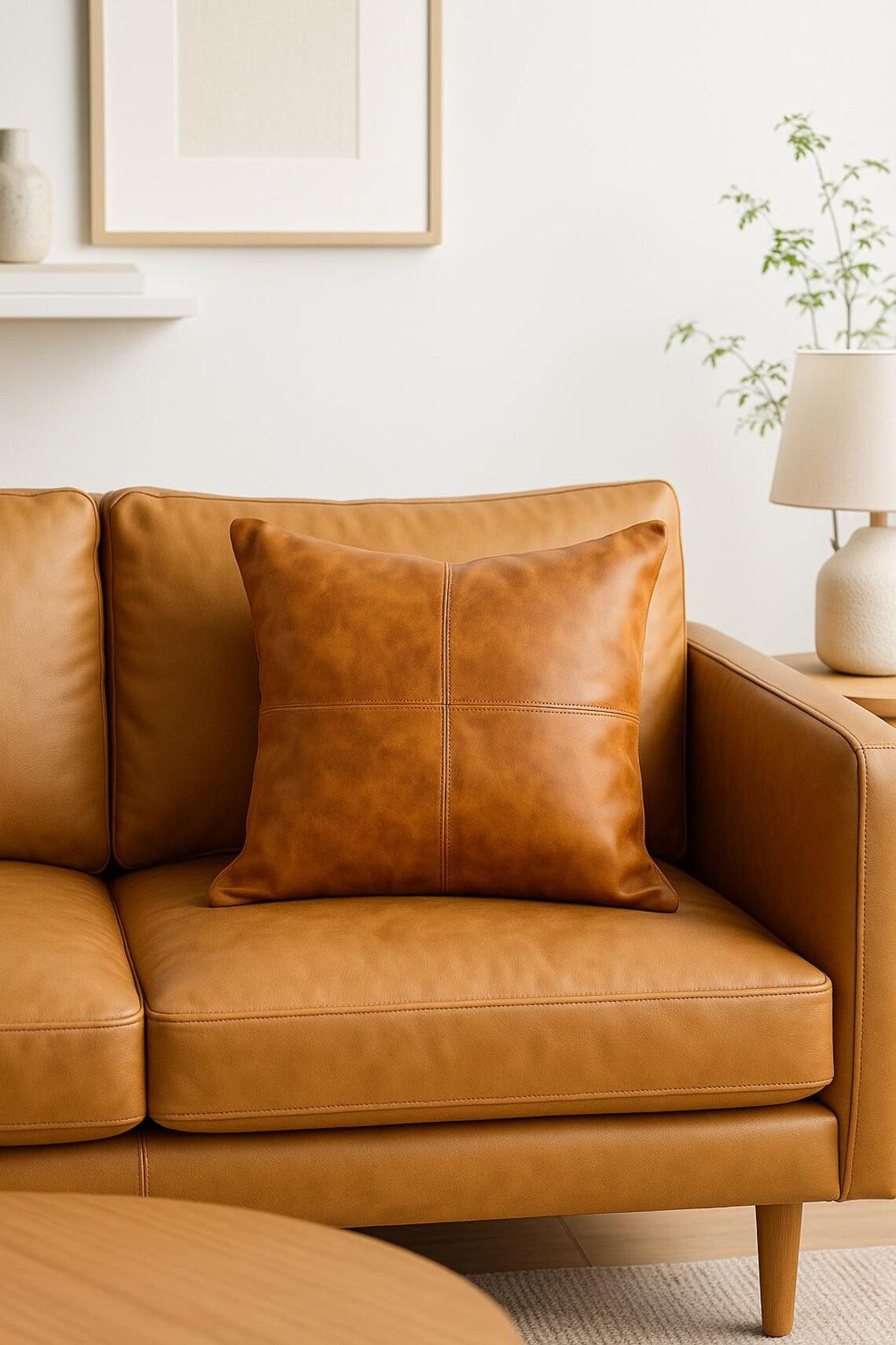 Tan Leather Cushion Cover - Brown, Luxurious Look