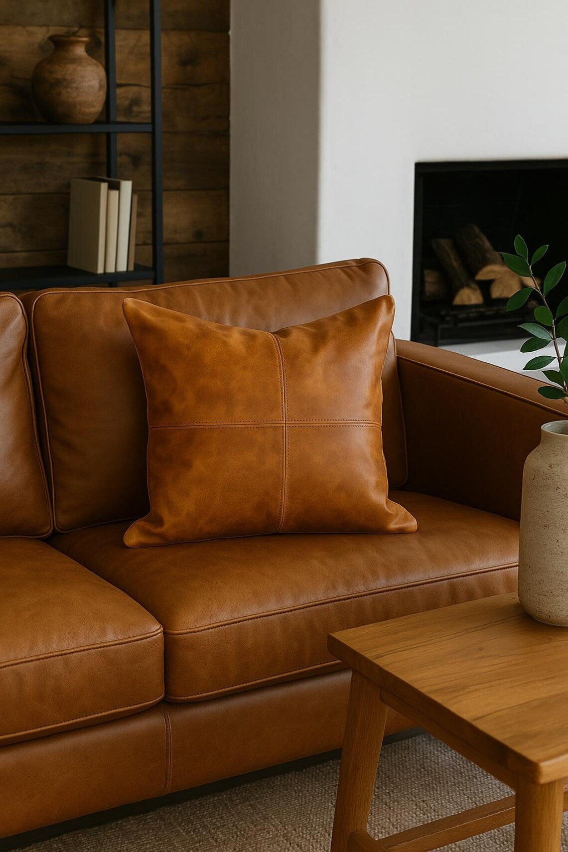 Tan Leather Cushion Cover - Brown, Luxurious Look