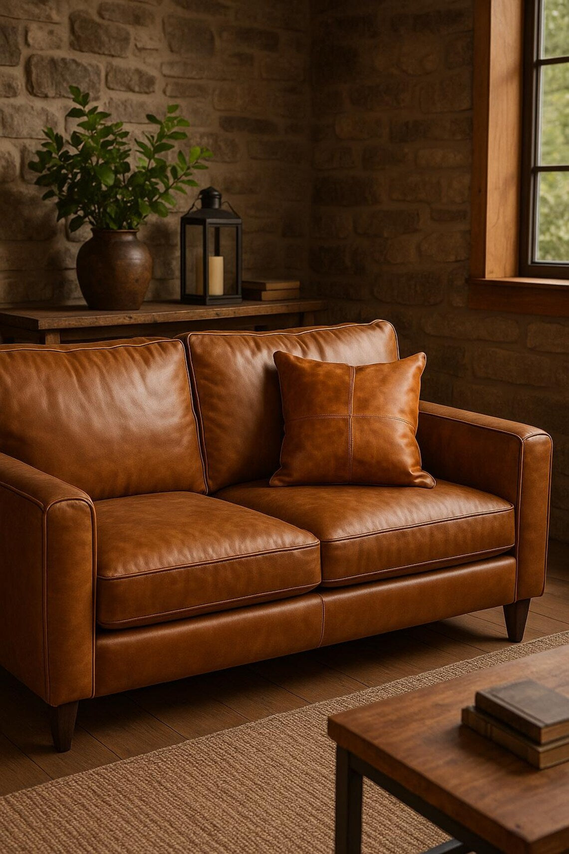 Tan Leather Cushion Cover - Brown, Luxurious Look