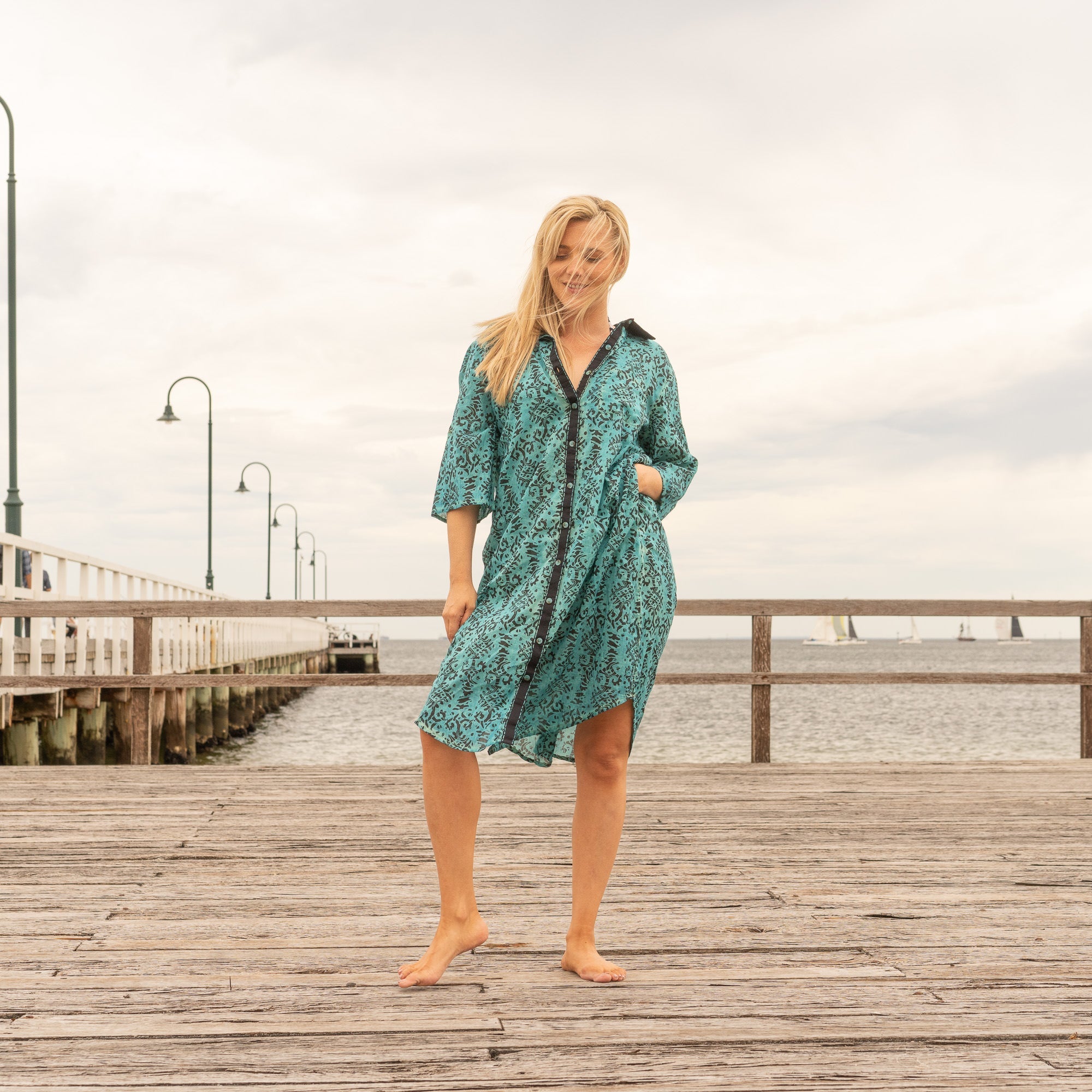 Boho one-size teal shirt dress with artisan handmade details
