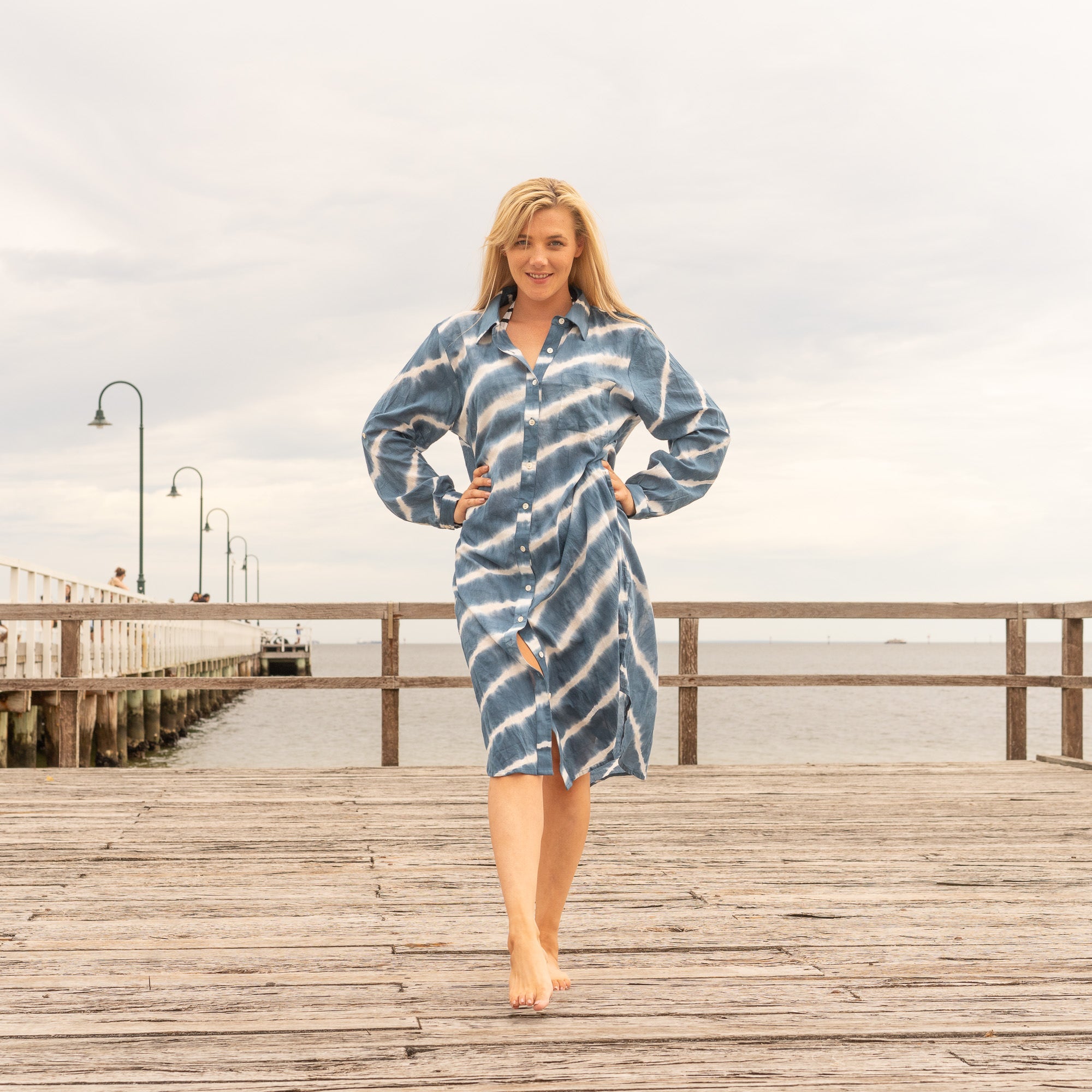Ocean Drift artisan cotton shirt dress in indigo blue, styled for boho fashion