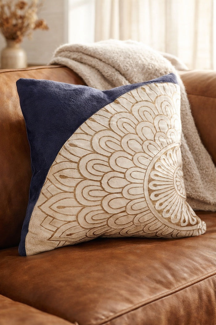 Mandala leather cowhide cushion in blue and cream