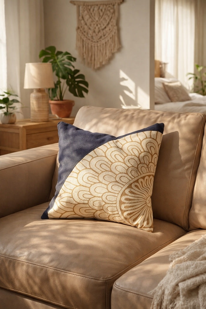 Handcrafted mandala leather cowhide cushion featuring blue and cream tones