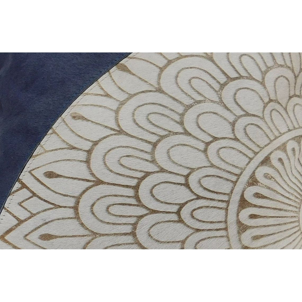 Blue & cream mandala print cowhide leather cushion cover with navy panel.