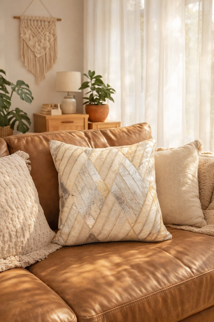 Boho ivory and silver cowhide leather cushion cover for home décor