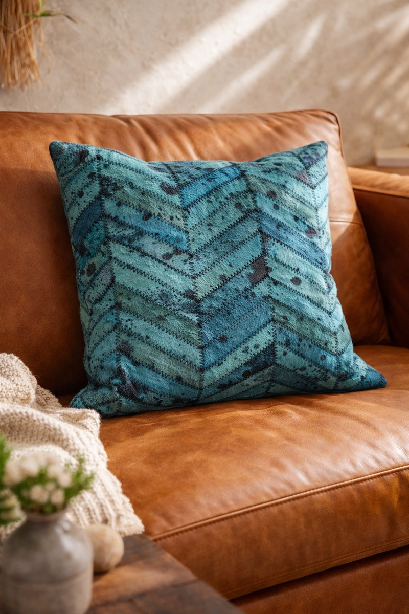Square 40x40 teal cowhide cushion styled in bohemian living room