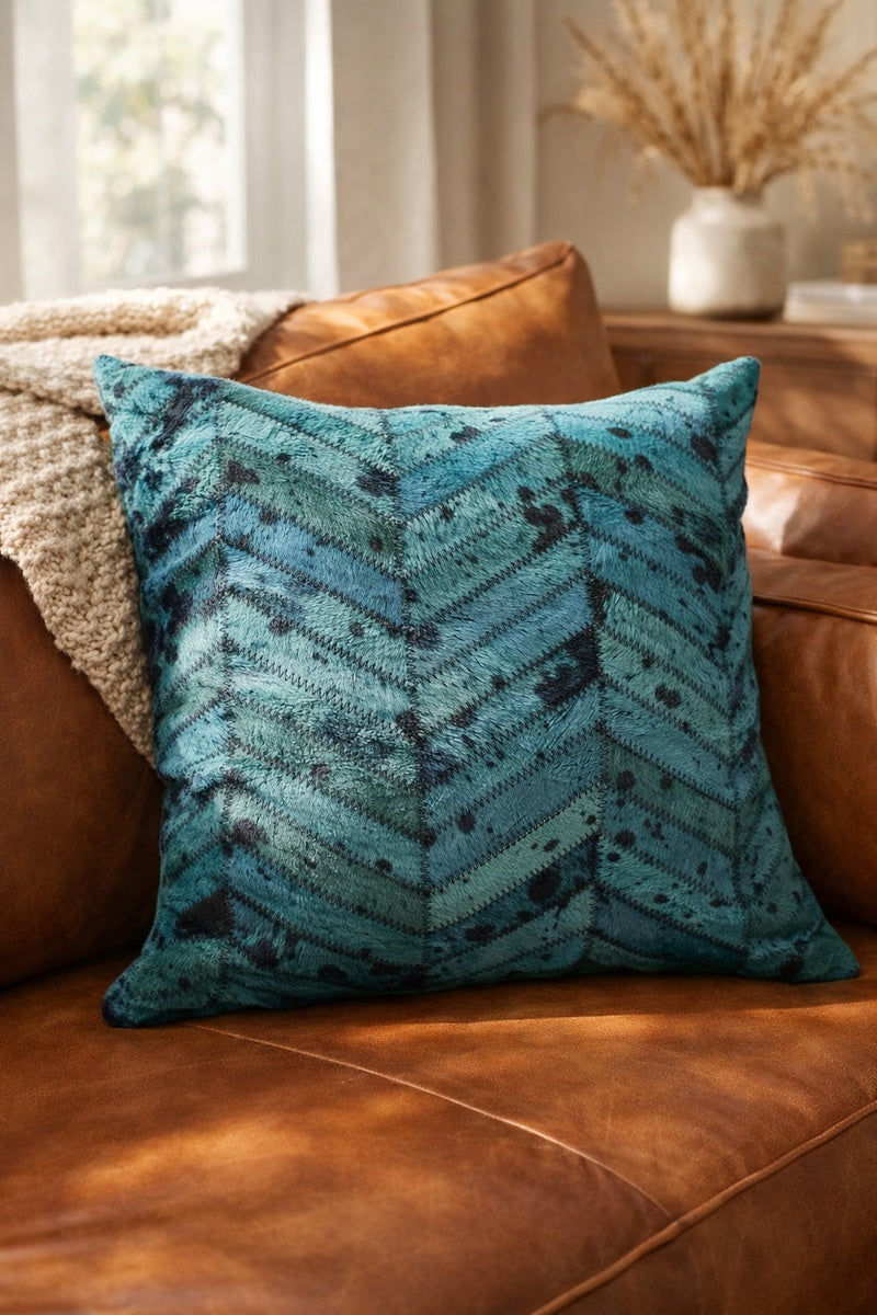 Handmade teal leather cowhide cushion cover for eclectic décor