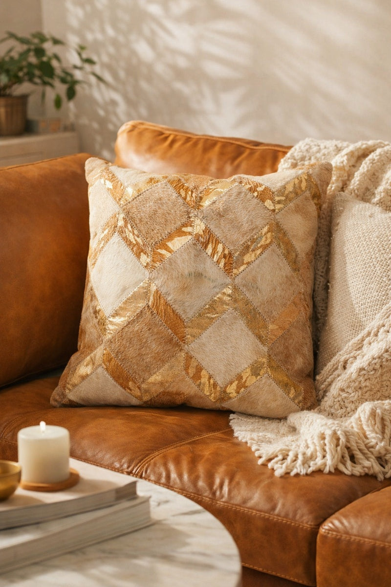 Boho gold check cowhide leather cushion cover by Melbourne Leather Co on neutral sofa