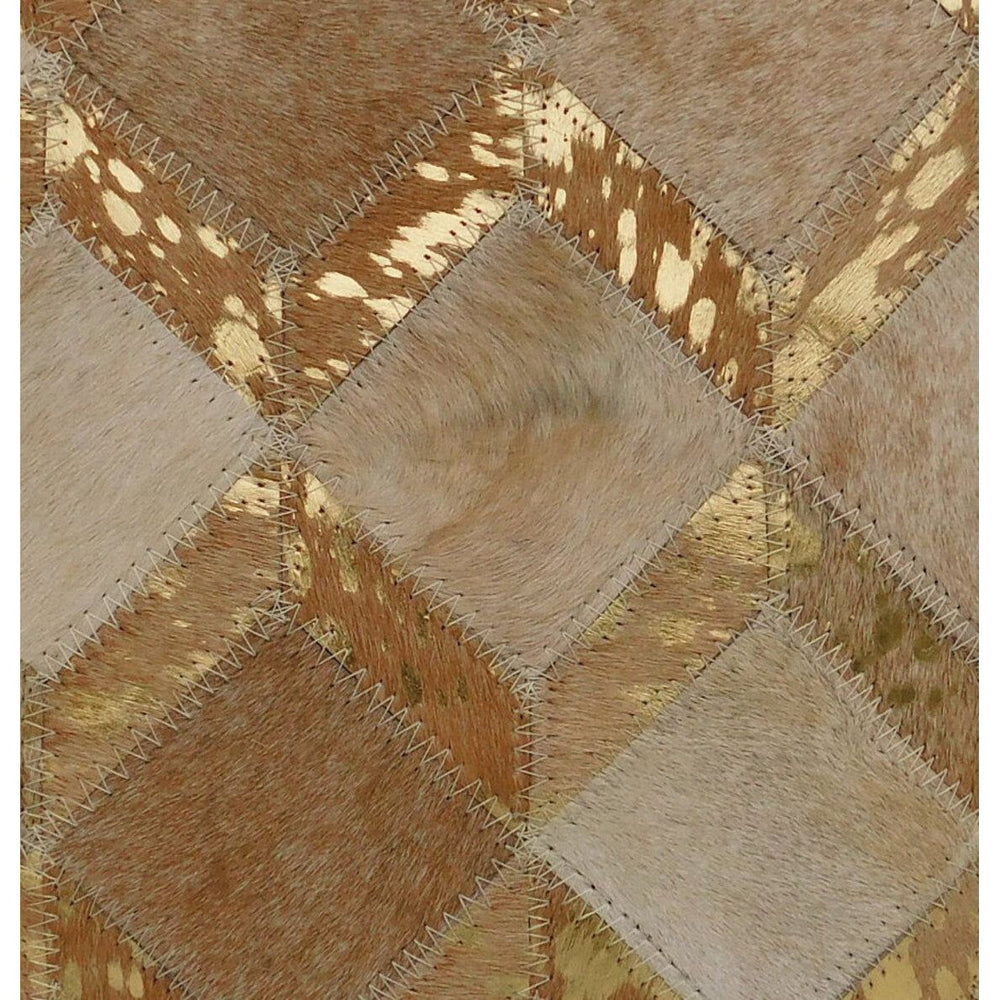 Boho gold check cowhide leather cushion cover with tan and neutral patchwork, featuring luxe gold-splashed diamonds.