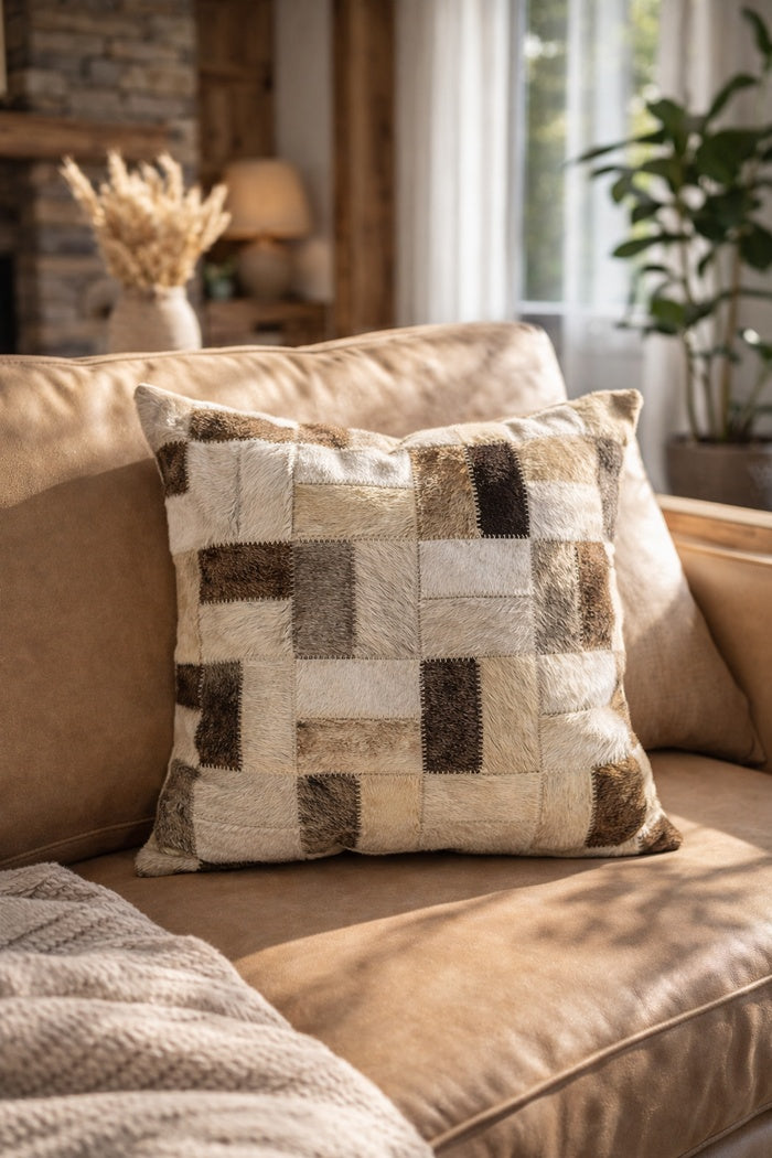 Boho neutral cowhide leather cushion cover 45x45cm with checkerboard pattern for living room