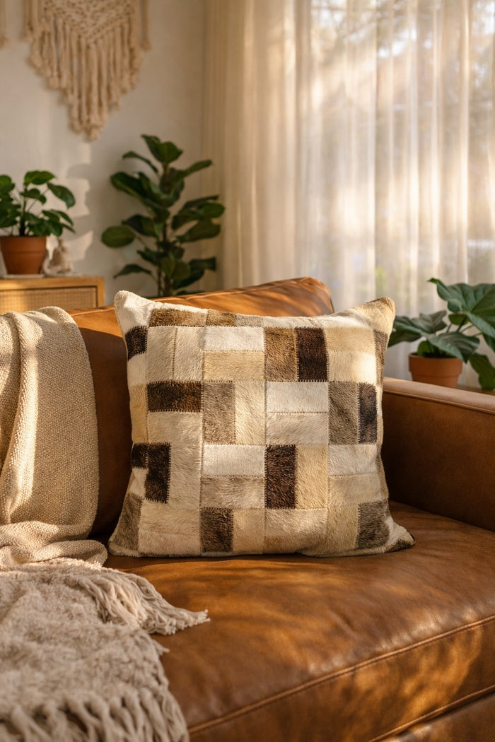 Premium cowhide leather checkerboard cushion cover 45x45cm neutral tones for boho interiors