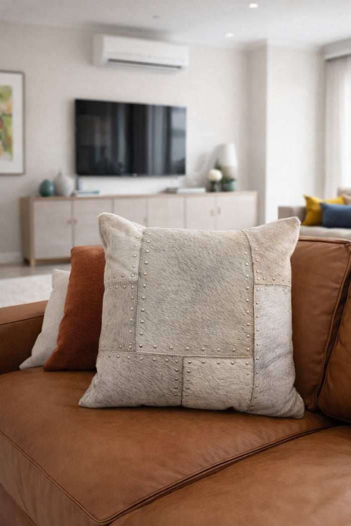 Boho studded cowhide leather cushion cover 40x40cm with premium patchwork design