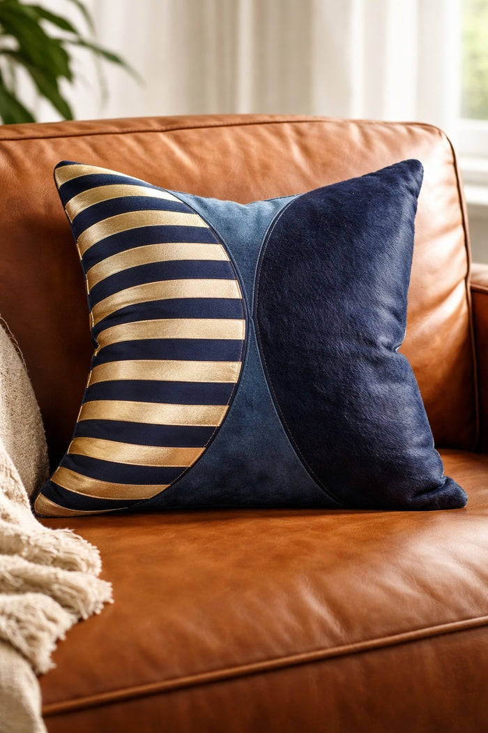 Navy and silver leather cowhide cushion cover with boho-eclectic design