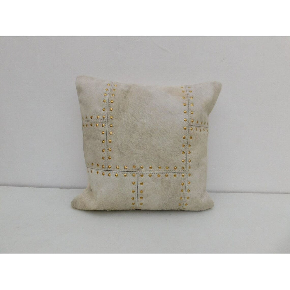 Modern eclectic ivory cowhide leather cushion cover 40x40cm with stud trim