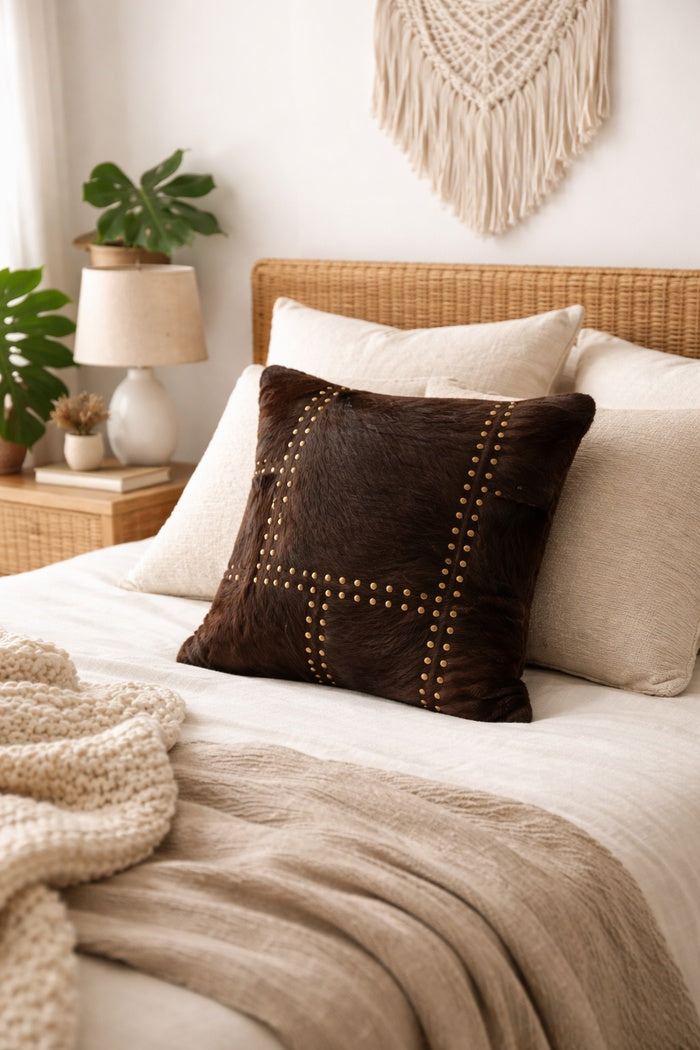Premium studded cowhide leather throw pillow cover 40x40cm rustic boho home accent