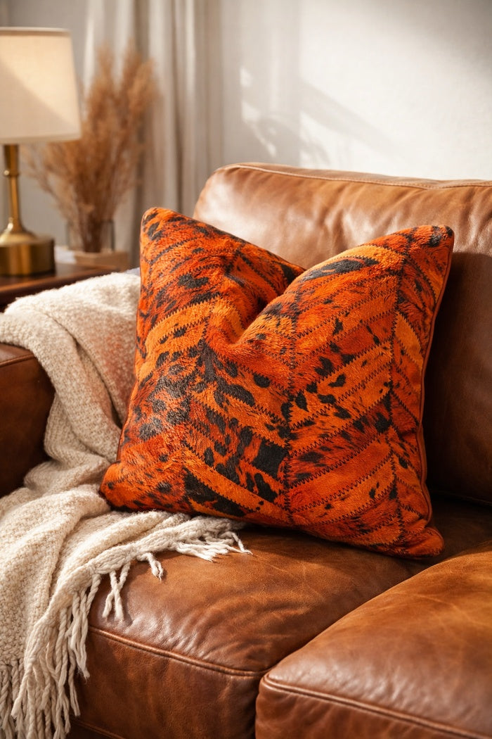 Luxury Orange & Black Cowhide Cushion Cover
