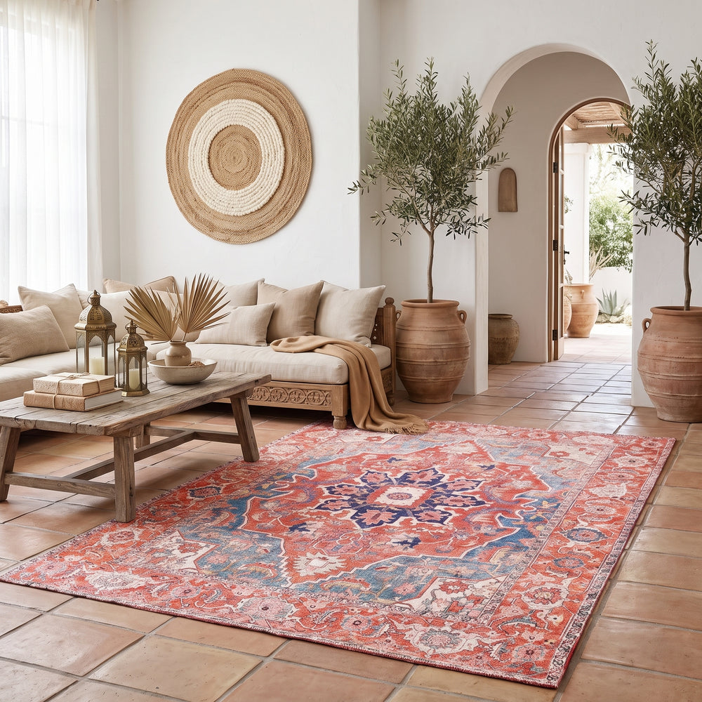 Elegant vintage Persian area carpet in distressed boho style for modern farmhouse homes