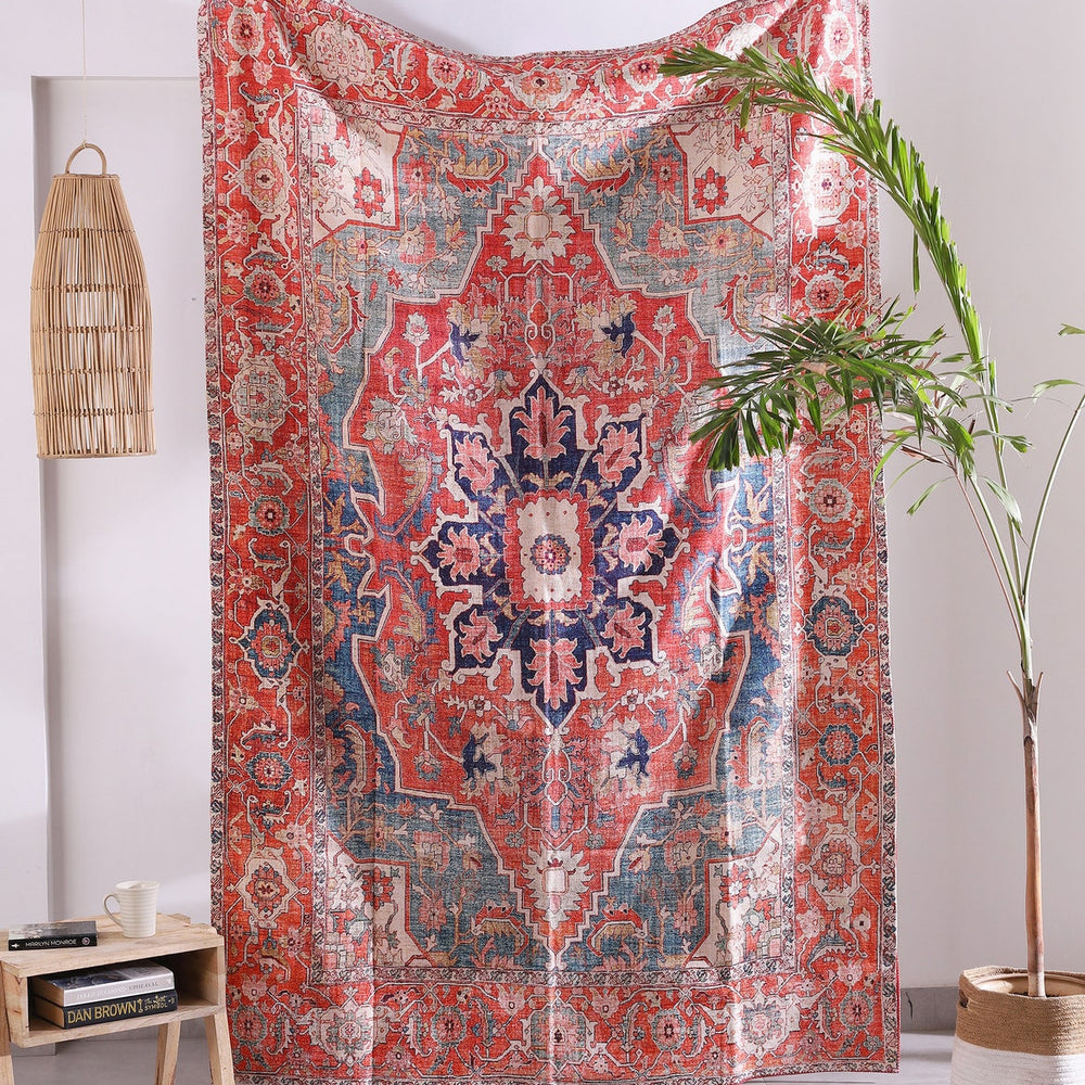 Traditional Persian style boho area rug with faded vintage look and intricate floral details