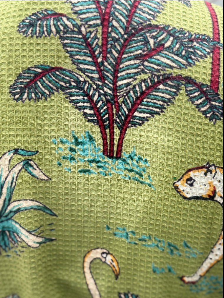 Boho style green safari cotton waffle kimono robe for everyday lounging