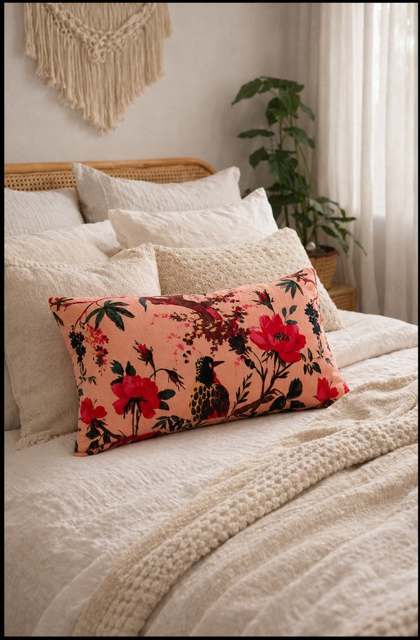 Decorative Pink Floral Bird Cotton Velvet Rectangular Cushion Cover 30x50cm Home Decor