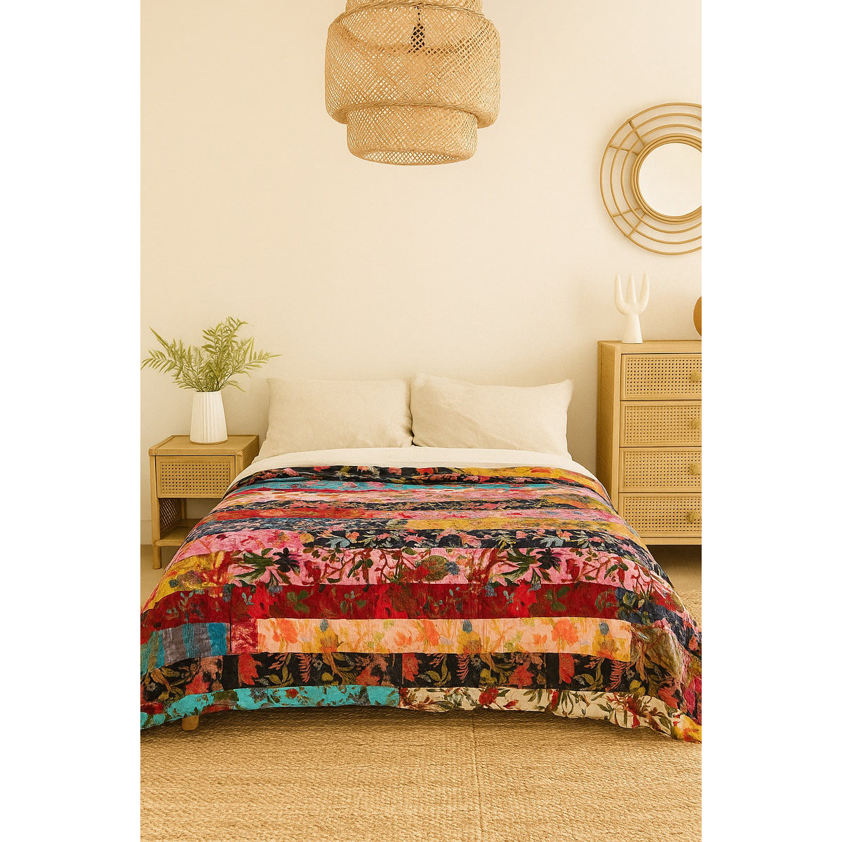 Luxury Patchwork Velvet Quilt - Upcycled Boho Bedding | Unique Handmade Design