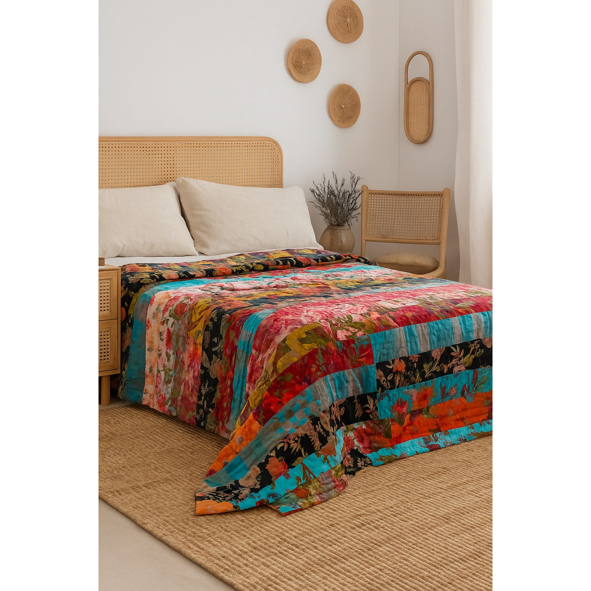 Luxury Patchwork Velvet Quilt - Upcycled Boho Bedding | Unique Handmade Design