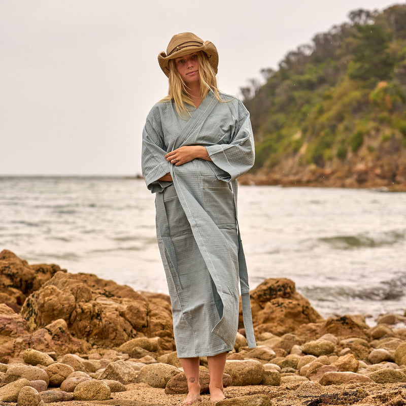 Sage Blue Cotton Kimono Robe – Inspired by Coastal Calm