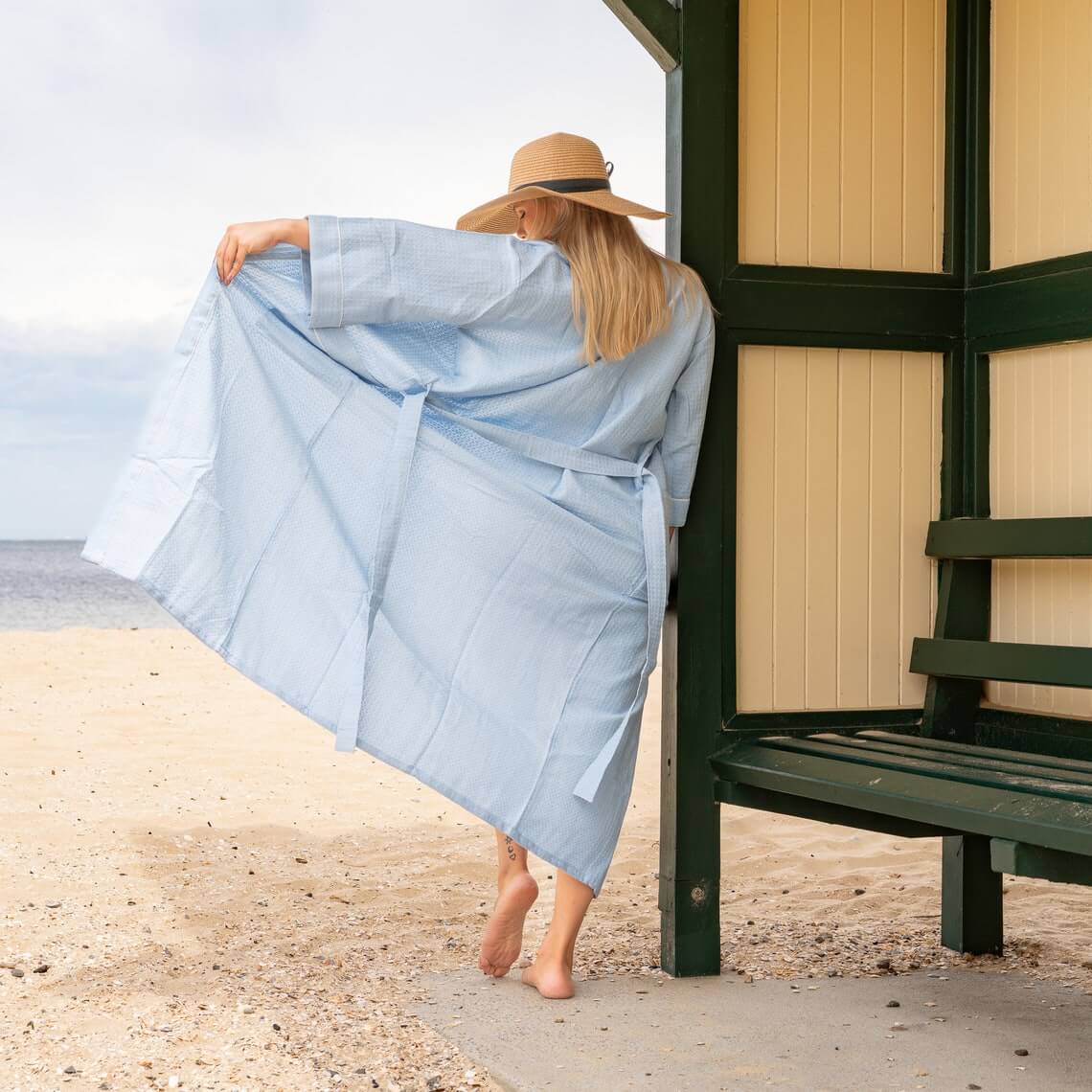 Unisex Waffle Linen Cotton Kimono Robe - Sky Blue
