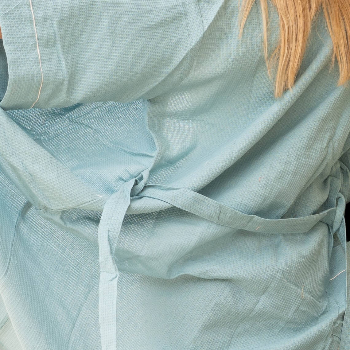 Unisex Waffle Linen Cotton Kimono Robe - Blue