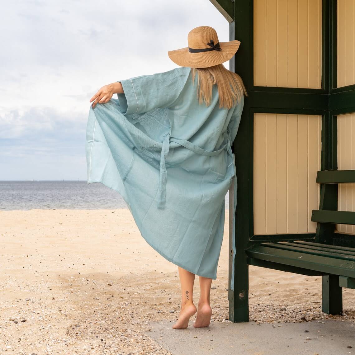 Unisex Waffle Linen Cotton Kimono Robe - Blue