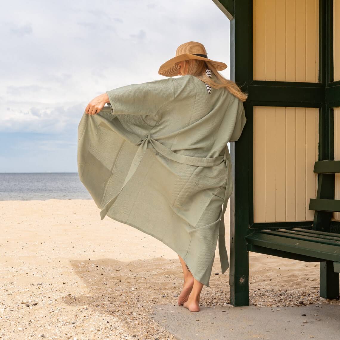 Unisex Waffle Linen Cotton Kimono Robe - Pale Green