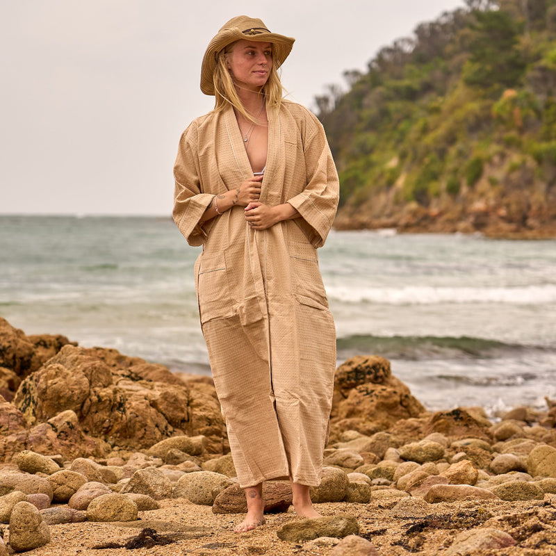 Sand Waffle Cotton Kimono Robe – Lightweight & Luxe