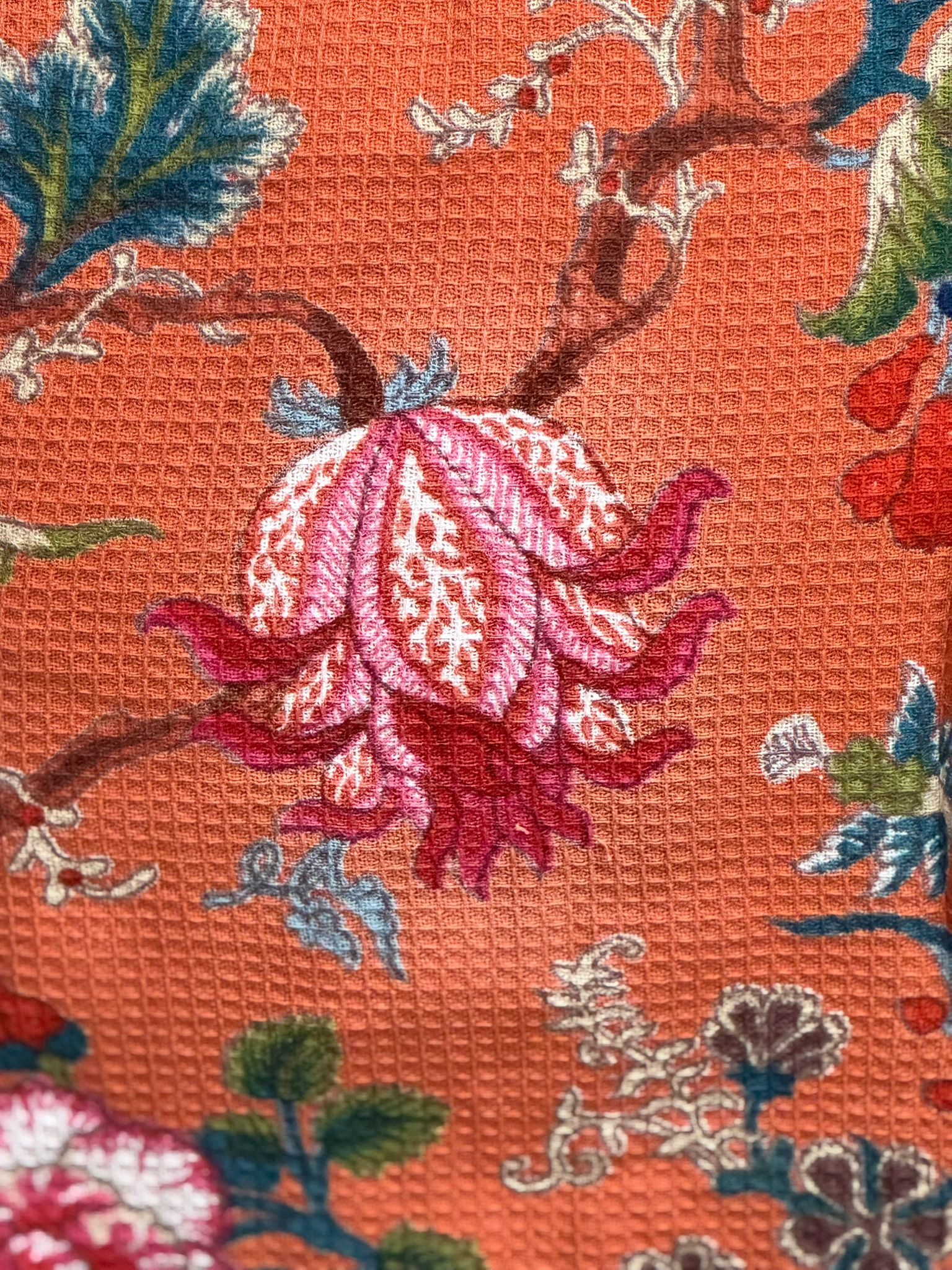 Terracotta Waffle Cotton Kimono Robe - Floral Block Print