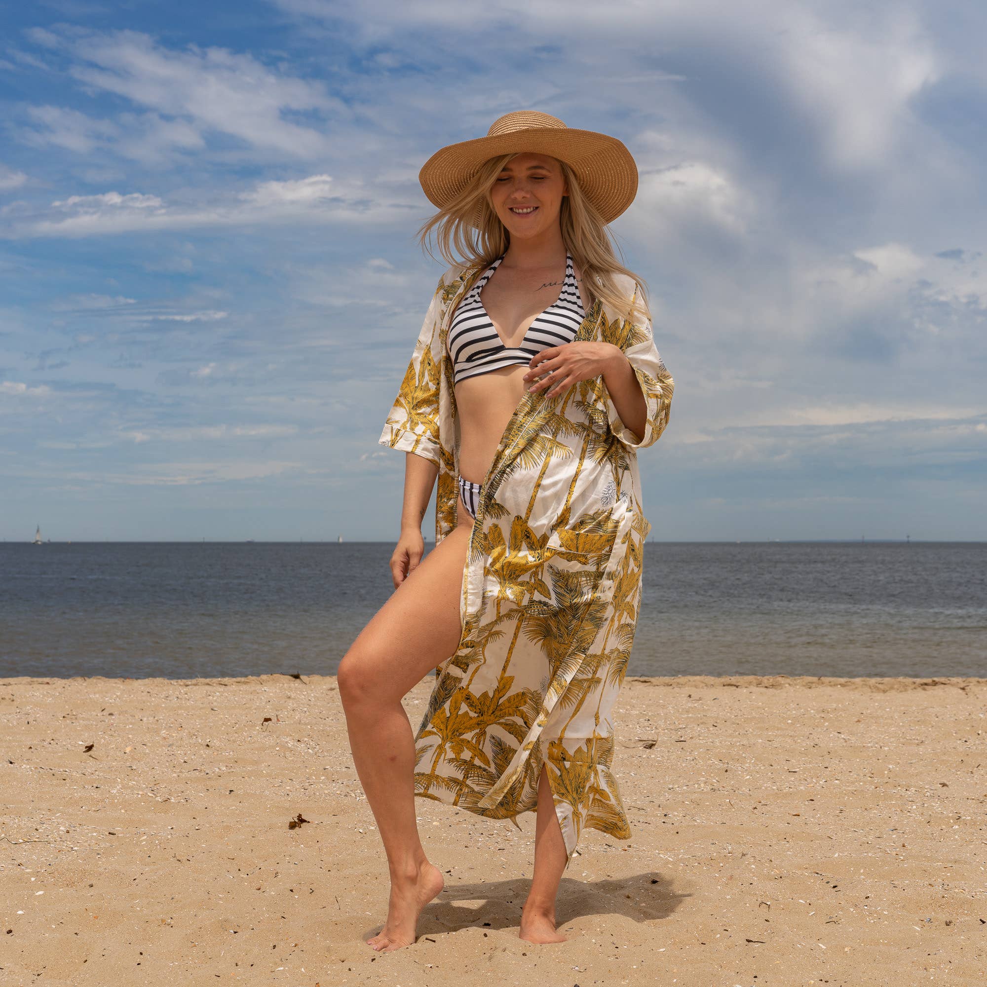 YELLOW PALM' Women's Cotton Kimono Robe - Bright Vibes