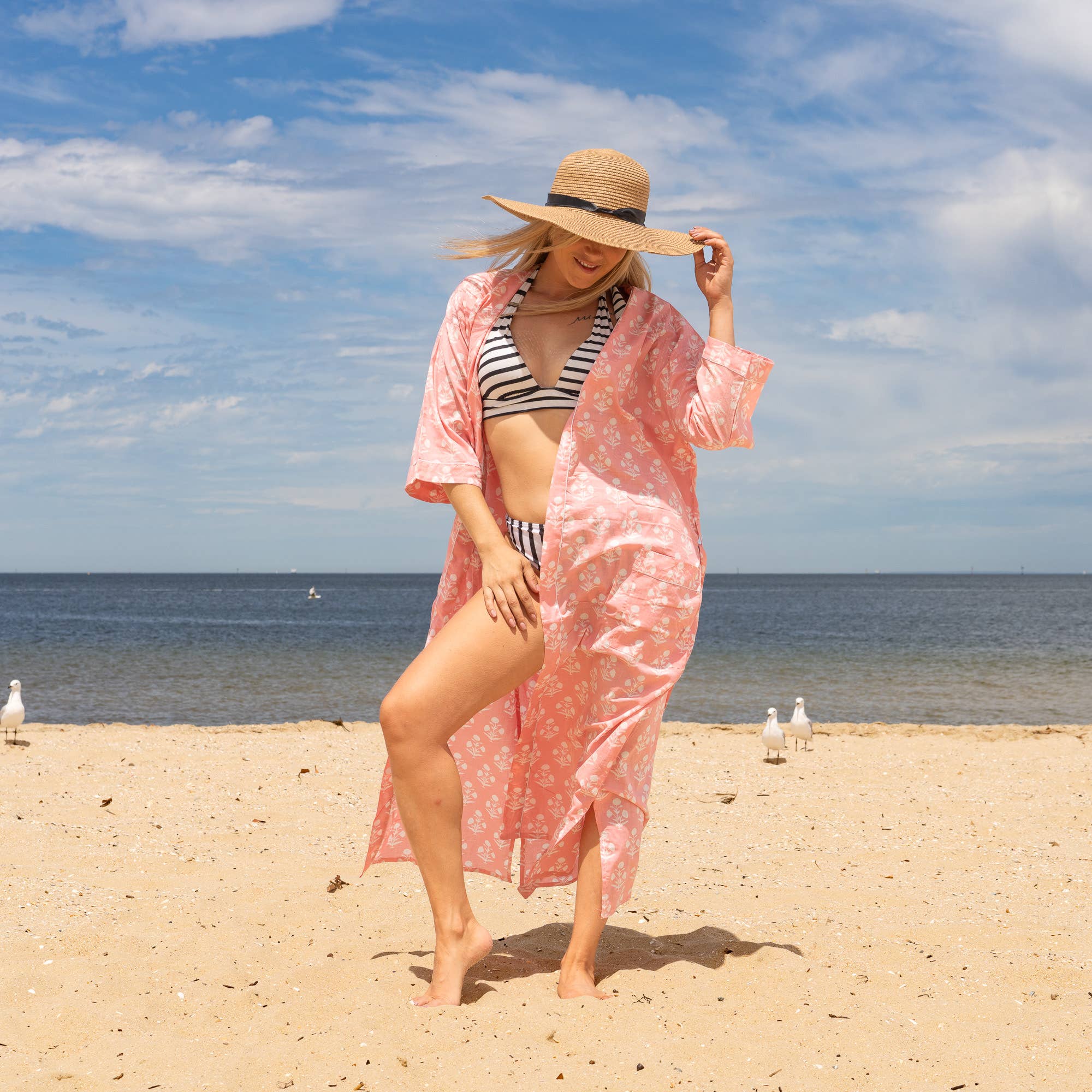 PEACH FLORAL' Women's Cotton Kimono Robe - Soft Floral