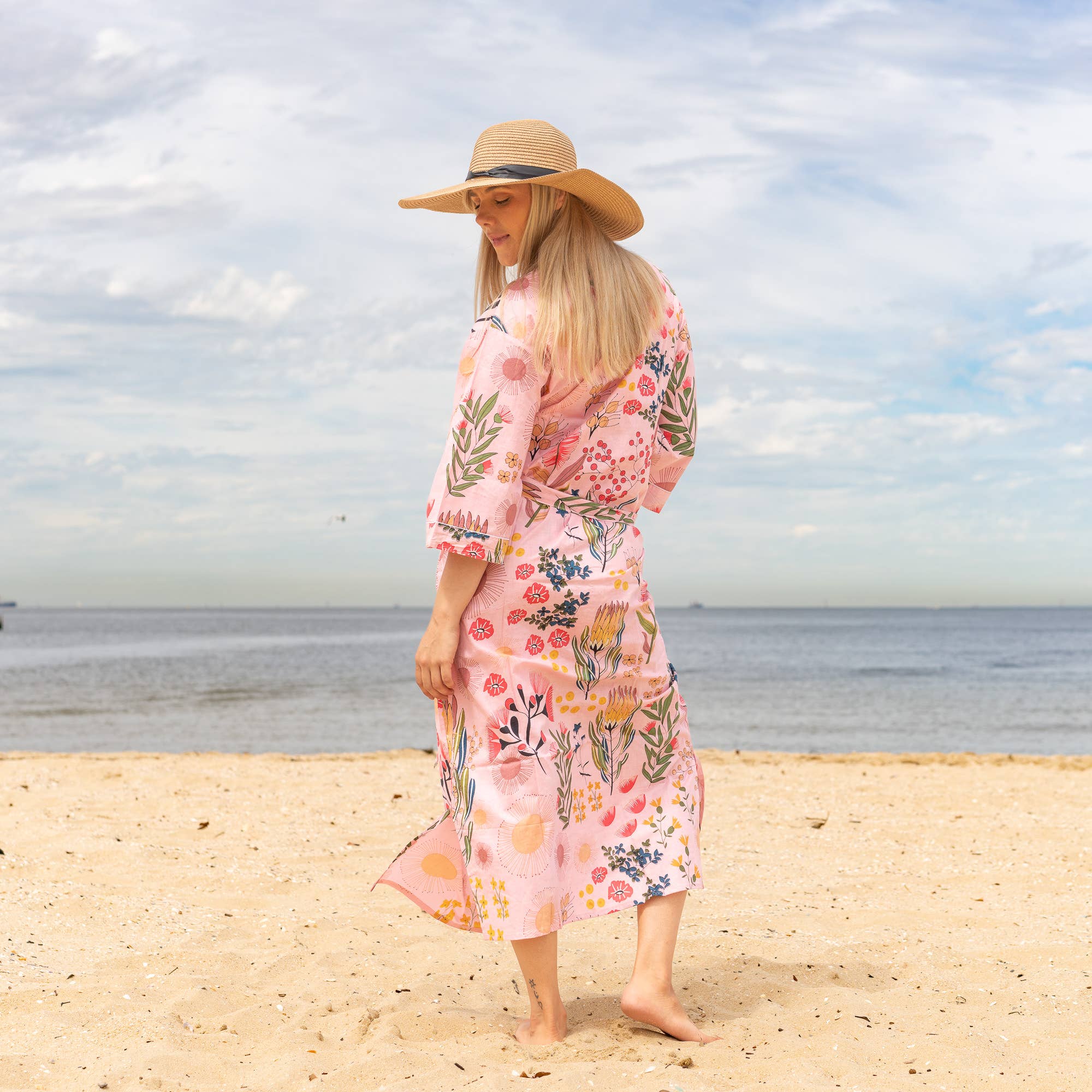 FLORAL BLOCK PRINT' Women's Cotton Kimono Robe - Unique