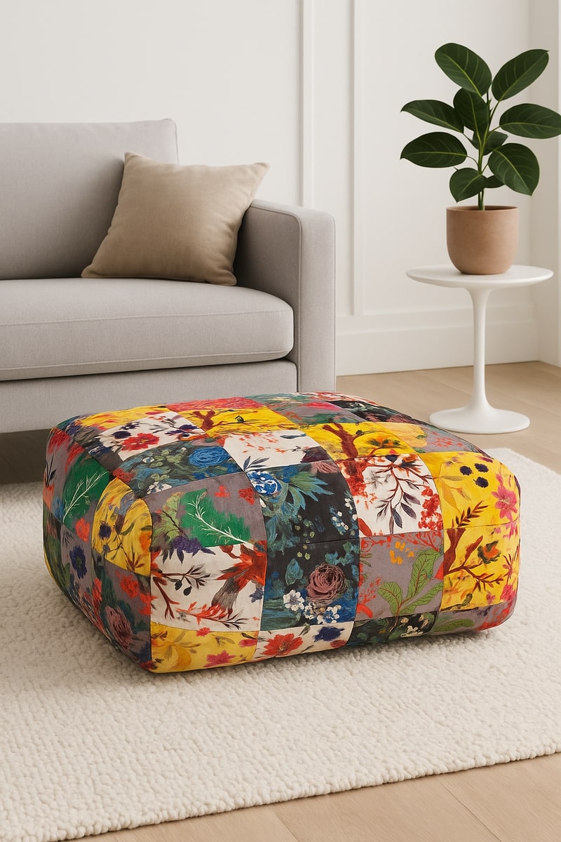 Square velvet patchwork ottoman pouf with colorful bohemian floral patterns - Boho-Eclectica