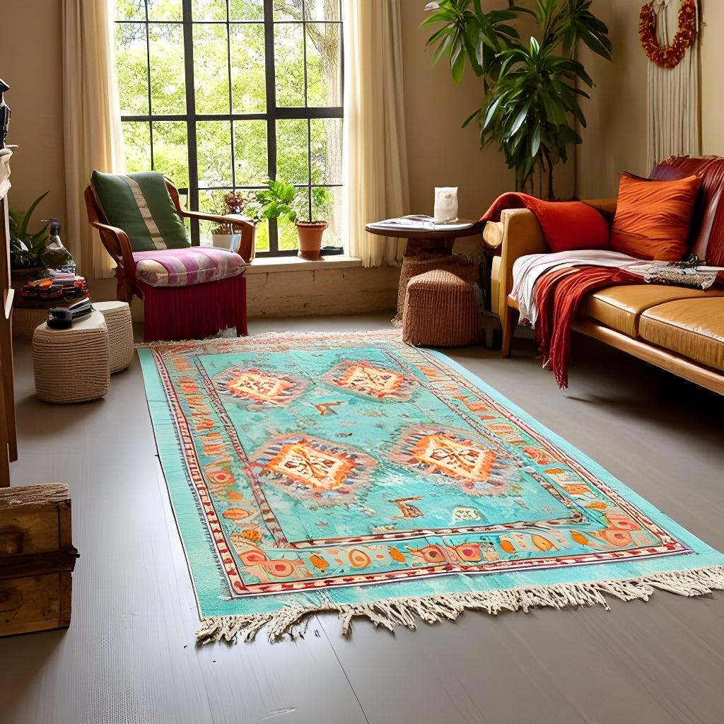 Bohemian Turquoise Rug - 120x180cm Handwoven Cotton Floor Rug