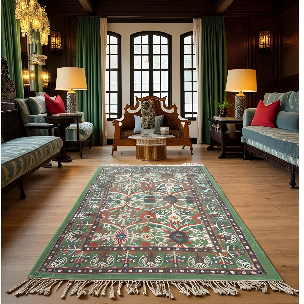 Boho Rug Mughal-Inspired Botanical Flatweave Cotton Artisan-Made