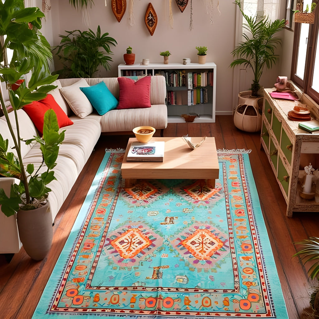 Bohemian Turquoise Rug - 120x180cm Handwoven Cotton Floor Rug