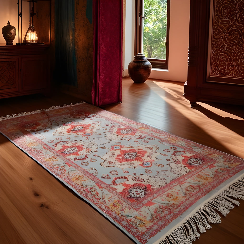 Boho Rug Vintage Pastel Medallion Soft Blue & Terracotta Flatweave