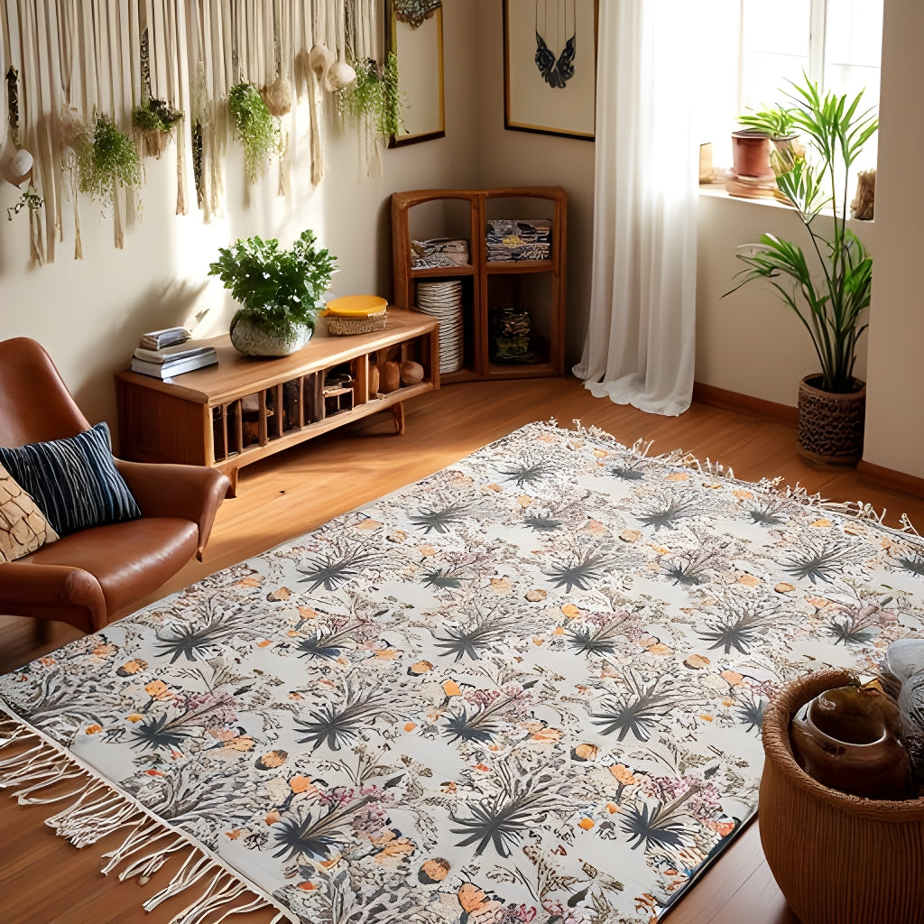 Boho Rug Botanical Bloom Flatweave Handwoven Cotton