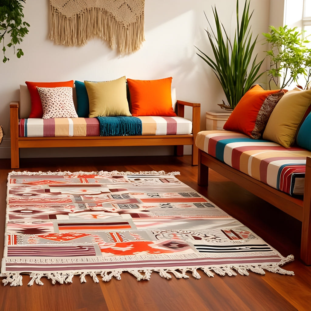Boho Rug Modern Boho Abstract Flatweave Cotton with Fringe