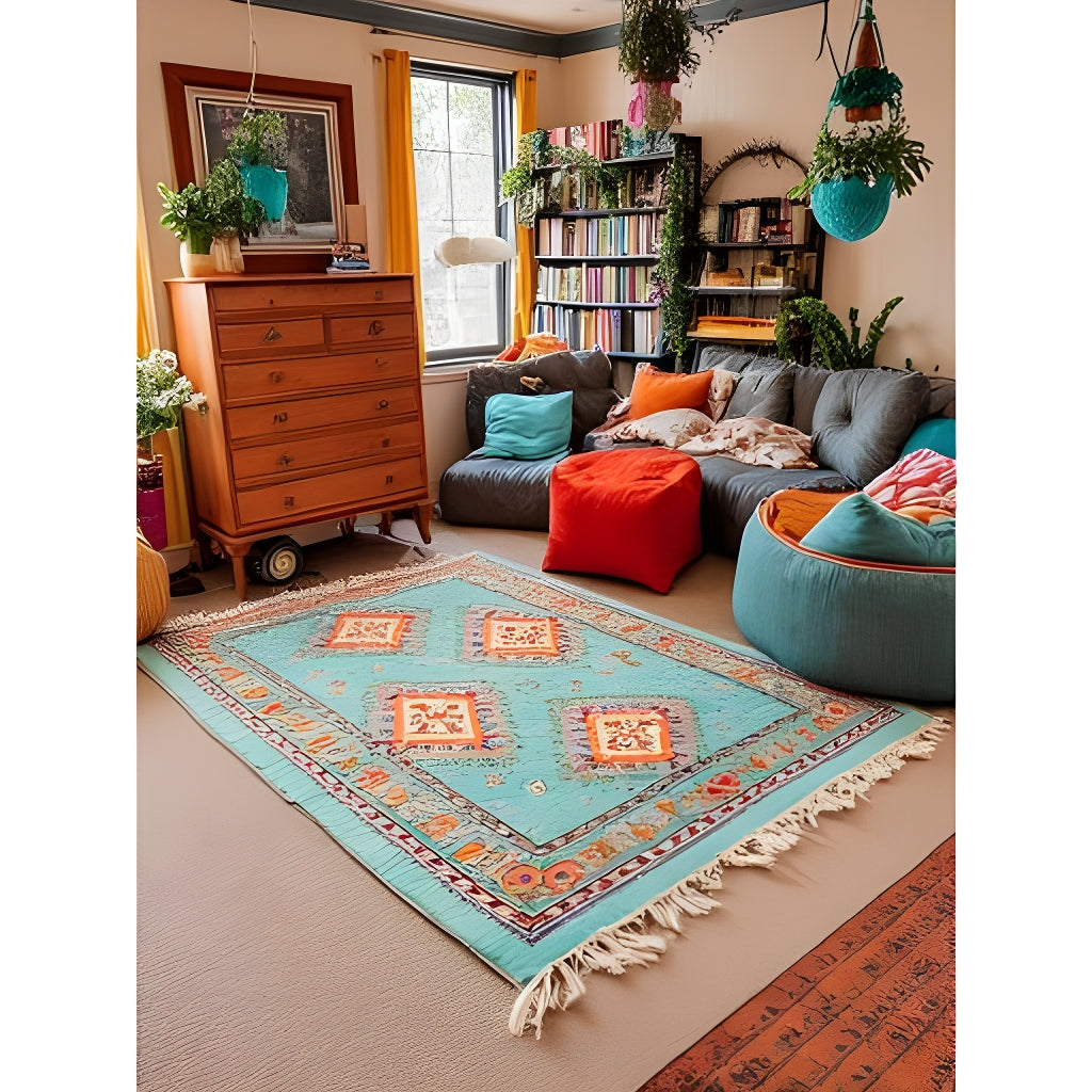 Bohemian Turquoise Rug - 120x180cm Handwoven Cotton Floor Rug