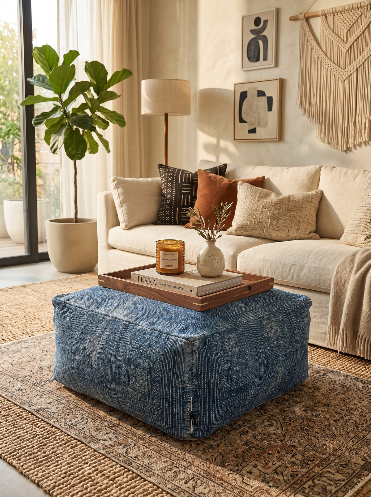 Blue patterned boho floor cushion pouf with geometric design