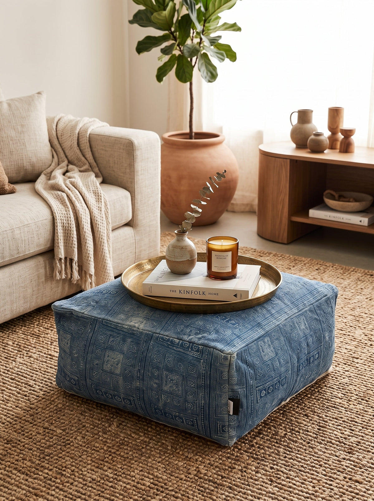 Blue geometric handwoven ottoman cushion cover in boho style