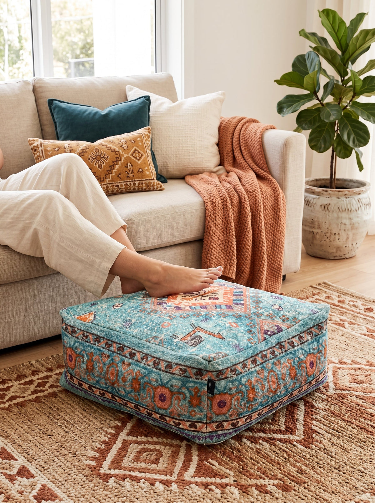 Teal fabric storage pouf cushion for boho home decor